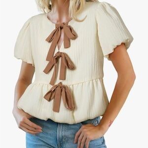 Cream Puff Sleeve Top with Brown Accents
